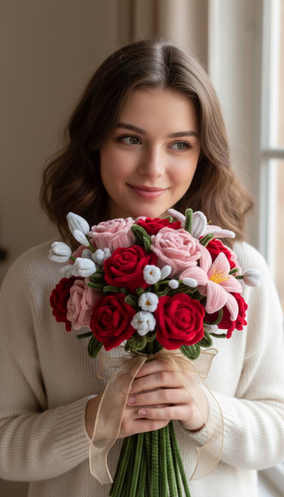 Colorful pipe cleaner flower bouquet arranged in a vase