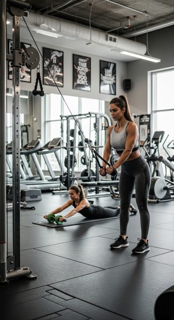 Gym workout for a smaller waist, with a person using a cable machine for woodchoppers and ab wheel for rollouts in a modern gym