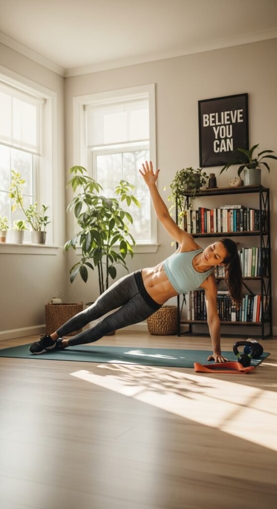 Person doing small waist exercises at home, such as side planks and Russian twists, on a yoga mat in a cozy living room.