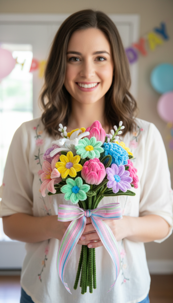 Colorful pipe cleaner flower bouquet arranged in a vase