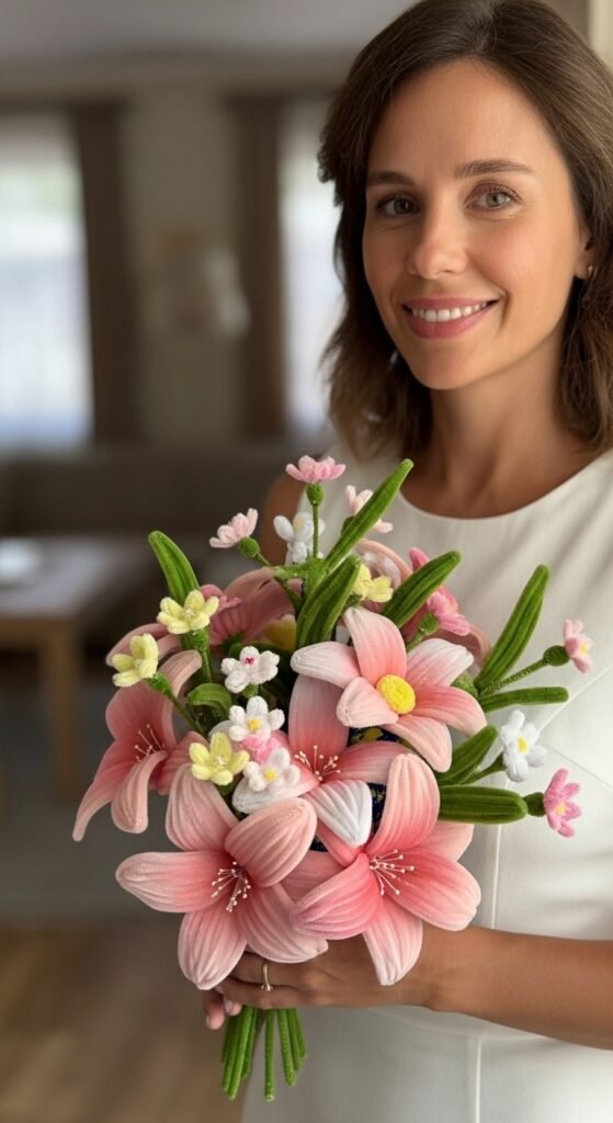 Colorful pipe cleaner flower bouquet arranged in a vase