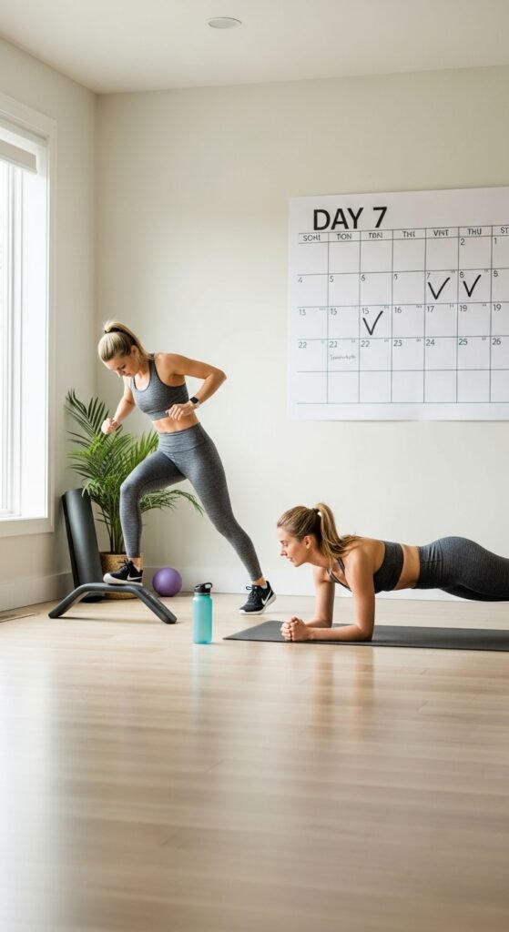 7-day workout plan for a smaller waist, featuring a person performing waist-slimming exercises like bicycle crunches and leg raises.