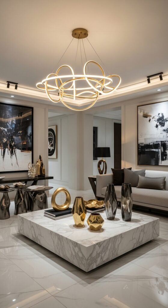 Modern contemporary luxury living room with marble and metallic accents