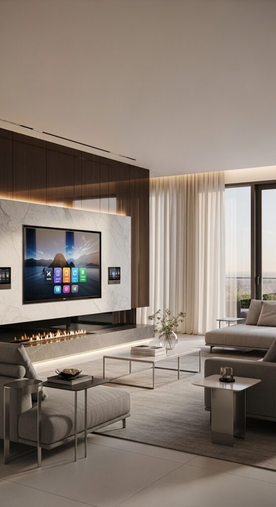 Modern contemporary luxury smart living room interior, built in smart TV wall, hidden LED lighting
