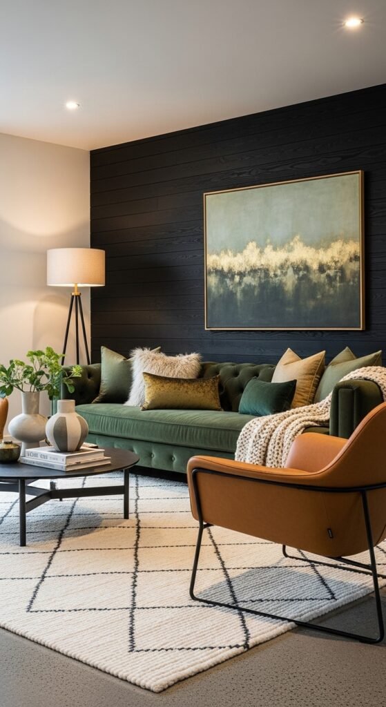 Modern contemporary luxury living room designs interiors with layered textures, velvet sofa, wool rug, leather accent chair, wooden wall panels