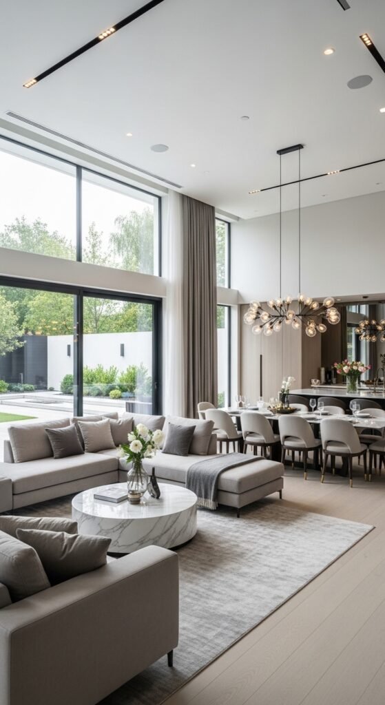 Modern contemporary luxury open concept living room interior, living room connected to dining area