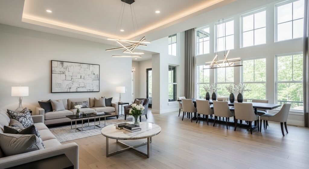 Modern contemporary luxury open concept living room interior, living room connected to dining area