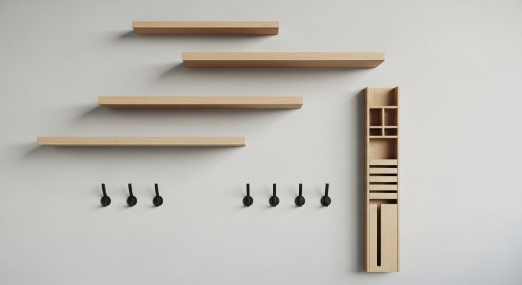 A simple wall with floating shelves, hooks, and a narrow vertical organizer to show how empty wall space can be used smartly.