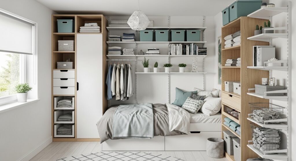 A small but organized bedroom using upward storage.