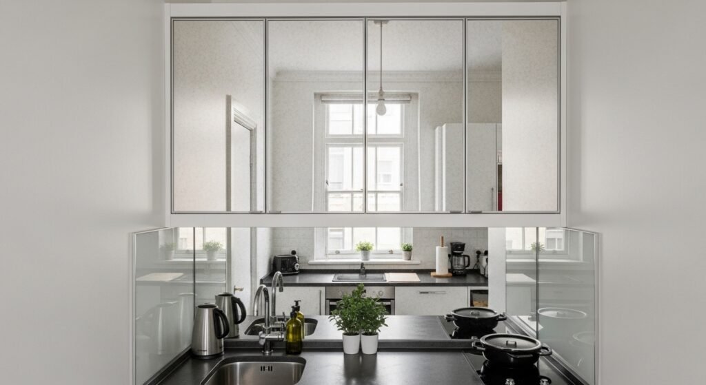 A tiny kitchen with mirrored upper cabinet doors reflecting the room, natural light, and countertops.