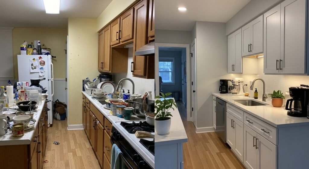 Before and after tiny kitchen redesign showing the power of smart layout planning