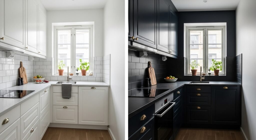 Comparison of light vs dark colors in a tiny kitchen — tiny kitchen ideas for bold homeowners
