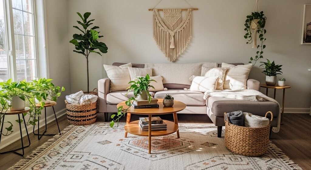 Cozy rental living room decorated with furniture and rugs.