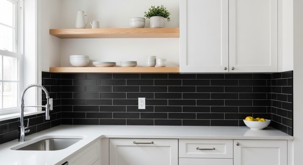 Dark backsplash tiny kitchen ideas — matte black tile in a small white kitchen