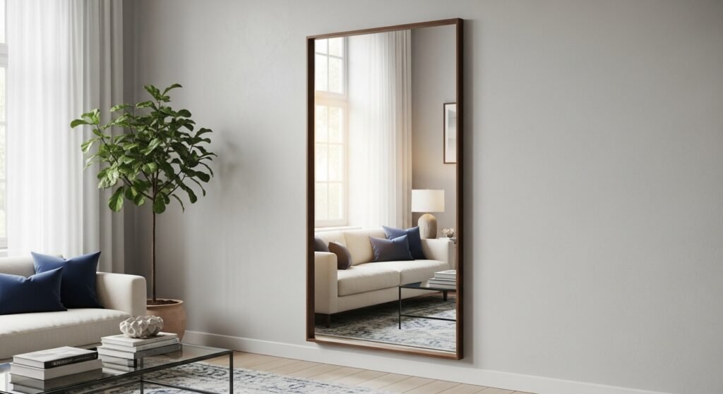 Full-length mirror mounted on a long living room wall, reflecting the opposite side of the room.