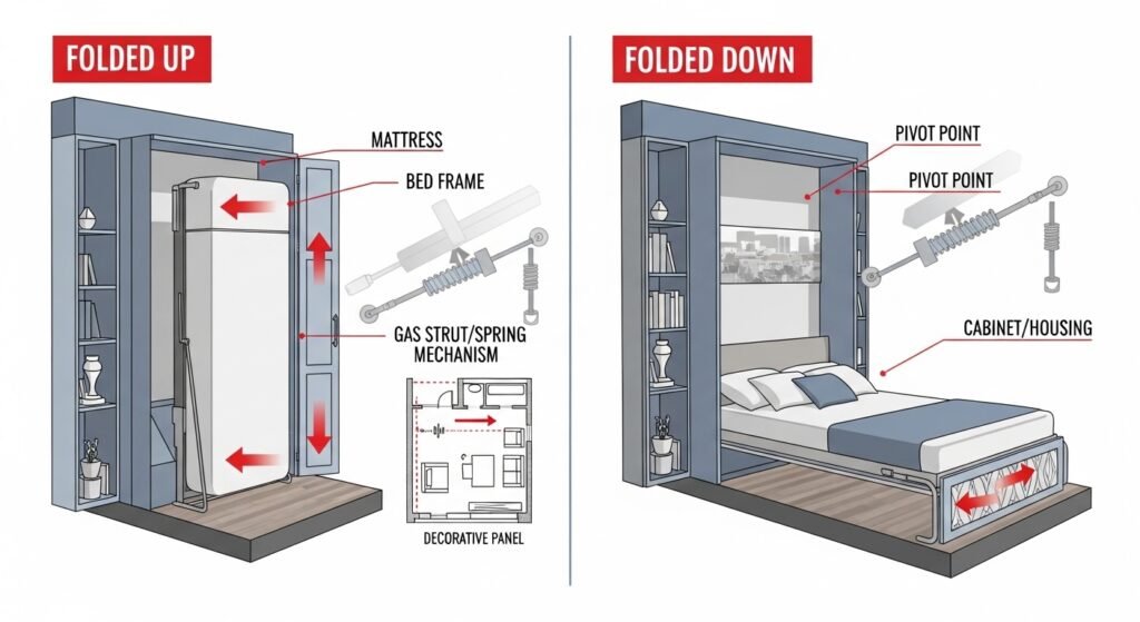 How a Murphy bed works — wall bed mechanism diagram.