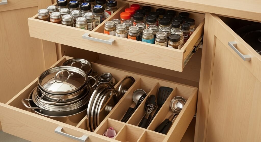 Inside a compact kitchen cabinet — tiny kitchen organization ideas with pull-out drawers