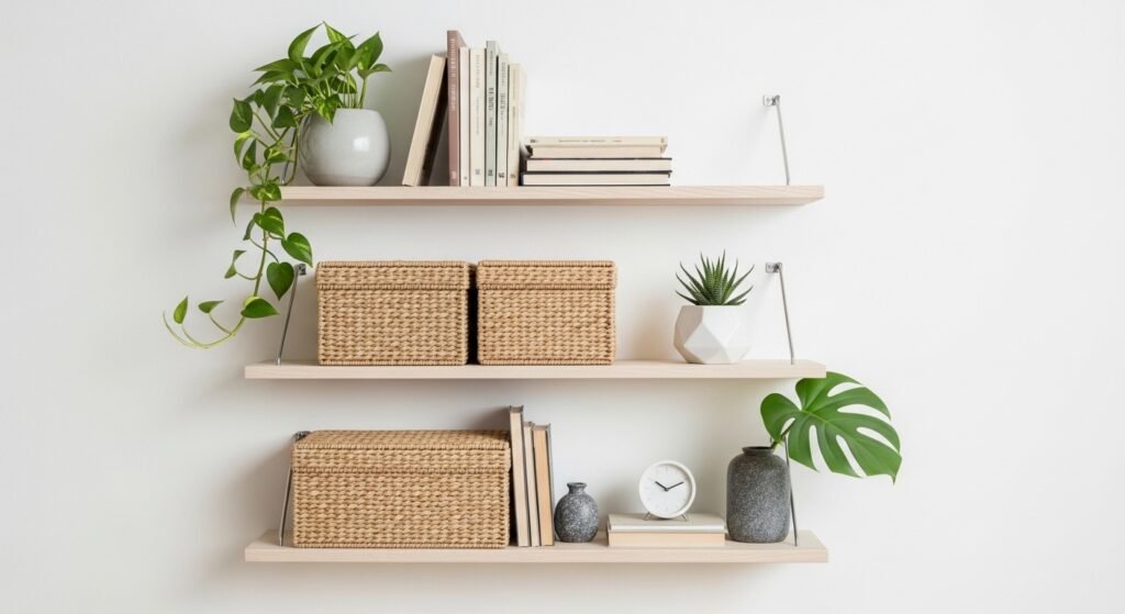 Minimal floating shelves with books, storage boxes, and plants.