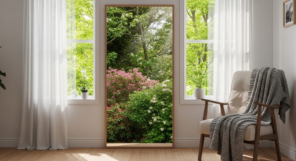 Mirror placed directly across from a window, reflecting outdoor greenery and natural light into a small room.