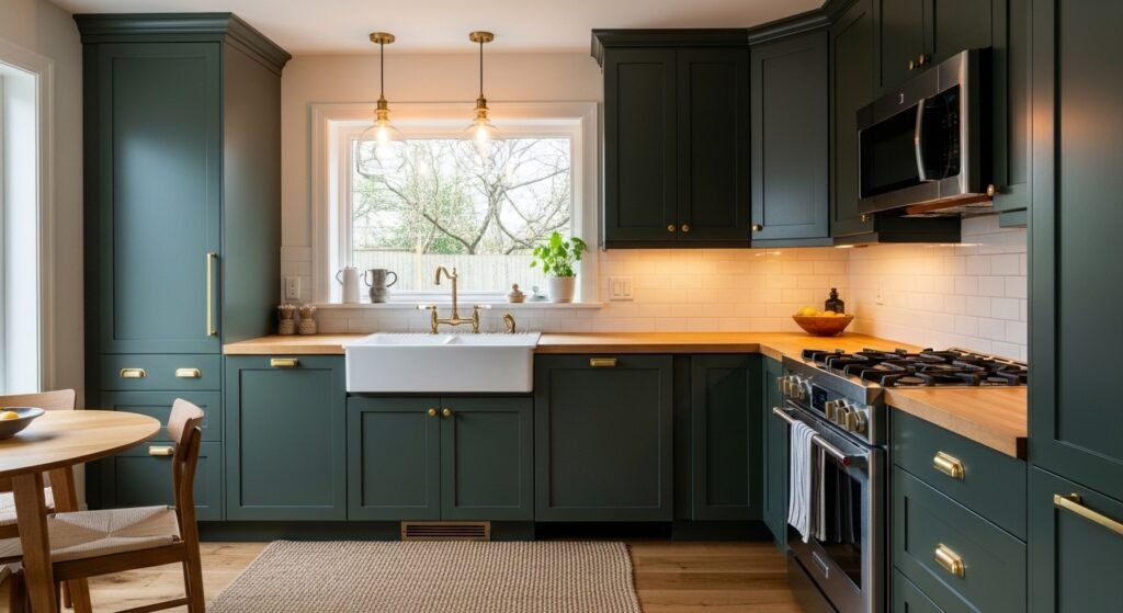 Tiny kitchen ideas with dark green cabinets and gold accents — small space design inspiration