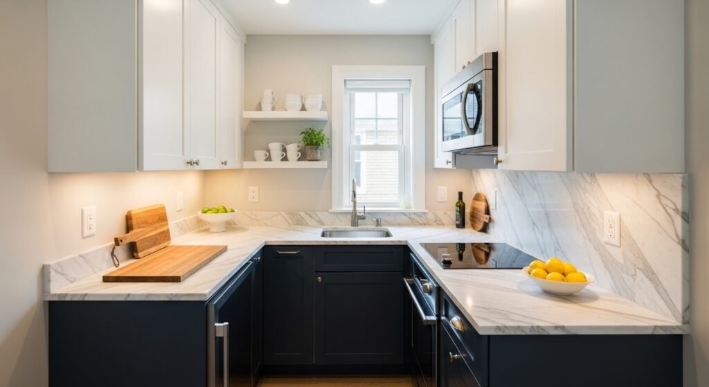 Tiny kitchen with dark navy lower cabinets and white upper cabinets, marble countertops
