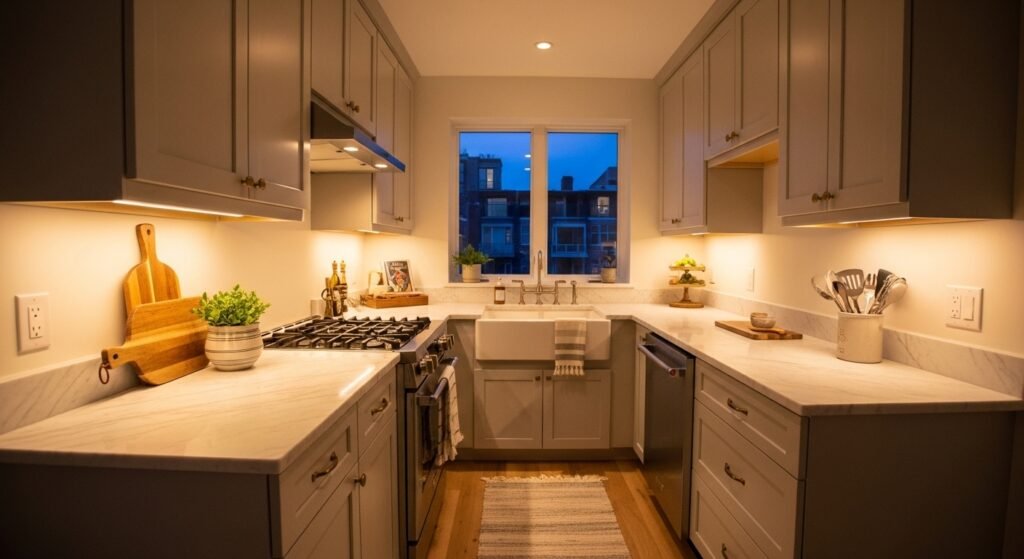 Under-cabinet LED lighting in a tiny kitchen creating warmth and the illusion of space