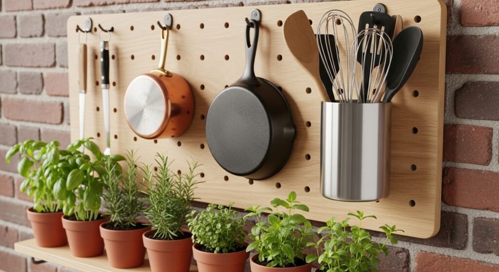 Wall-mounted pegboard as a tiny kitchen storage idea for pots, pans, and utensils