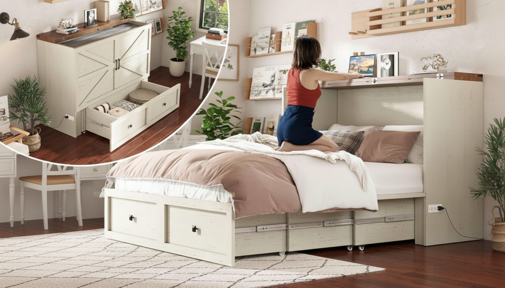Queen Murphy Bed with Storage & Charging Station, Farmhouse Murphy Cabinet with Foldable Panel, Noisy Free, for Guest Bedroom, Living Room, Office, Distressed White