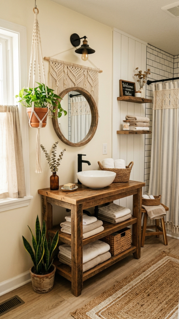 Boho farmhouse guest bathroom decor ideas on a budget — cozy earthy bathroom with macramé and wood accents