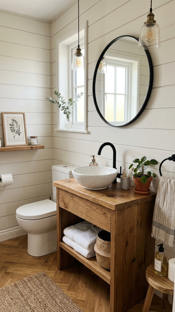 Modern farmhouse small bathroom decor ideas with shiplap and wood accents