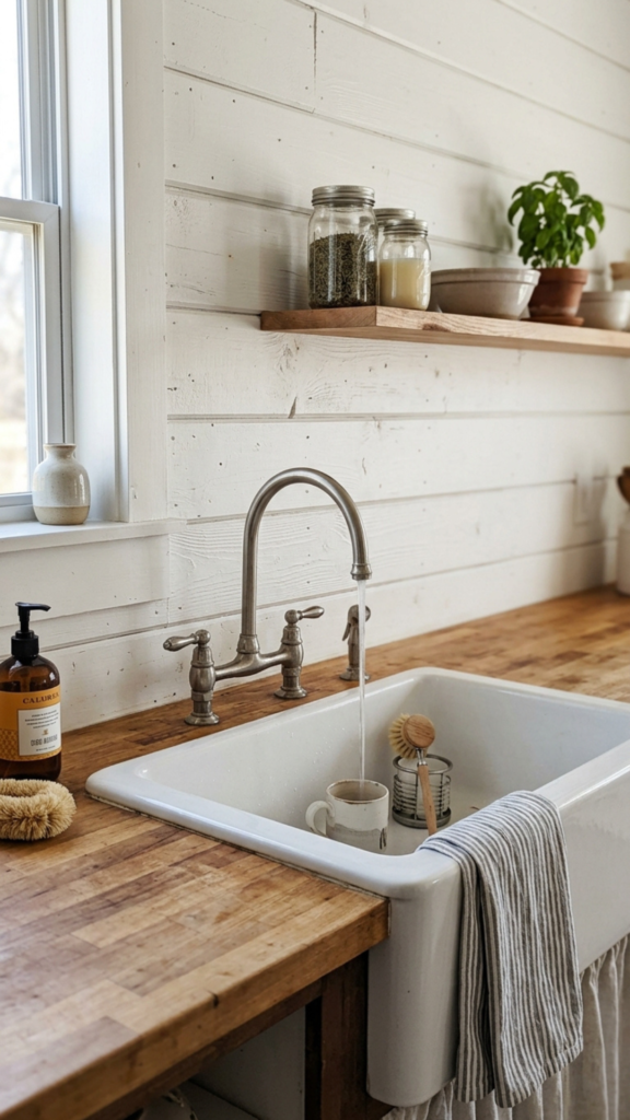 Shiplap wall panels as farmhouse kitchen wall decor idea