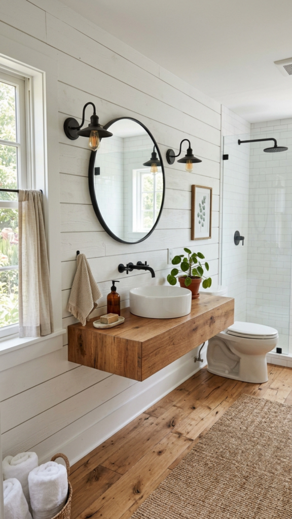 Shiplap farmhouse bathroom wall decor ideas with white painted boards and bronze fixtures