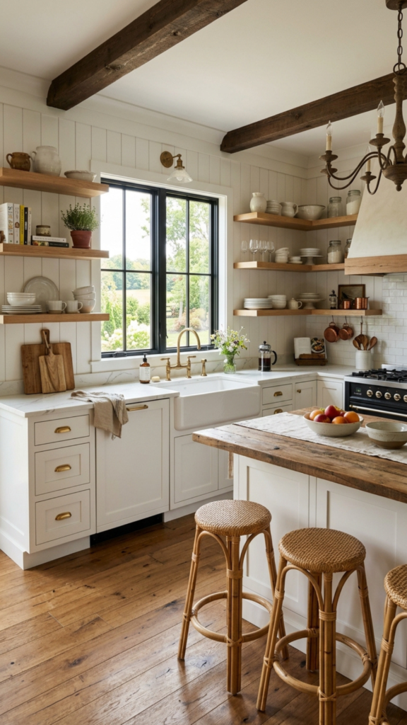 Farmhouse kitchen cabinet ideas with white shaker-style cabinets and open shelving