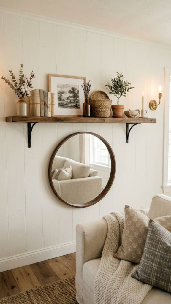 Neutral color palette farmhouse living room decor ideas
