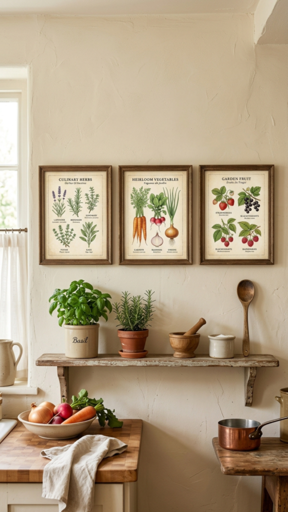 Framed botanical prints as farmhouse kitchen wall decor