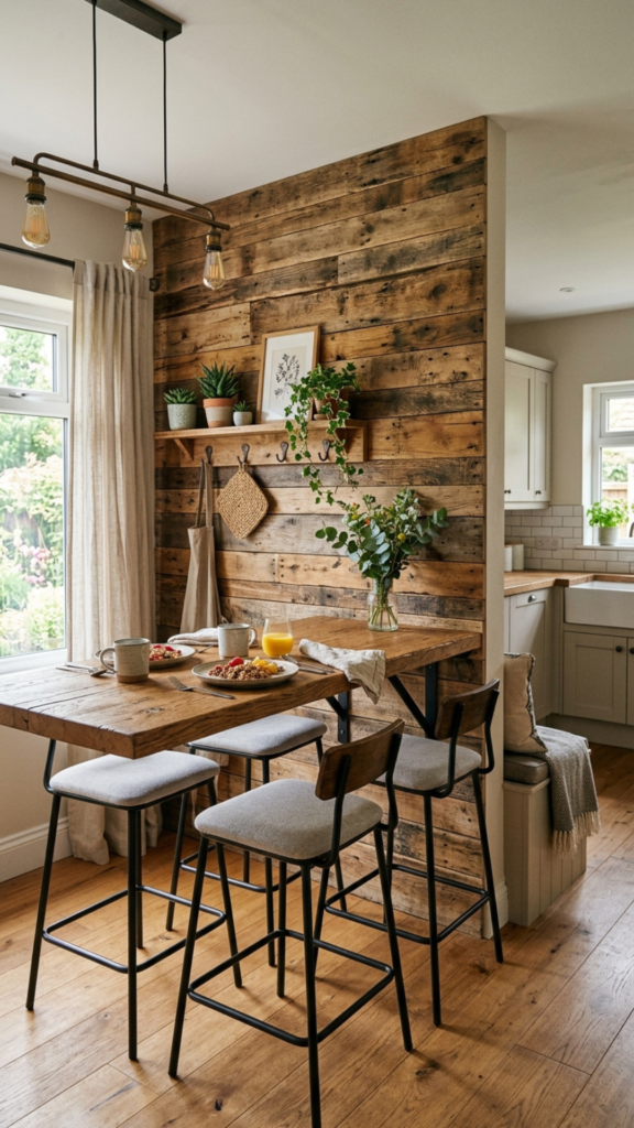 Reclaimed wood accent wall as a farmhouse kitchen decor idea