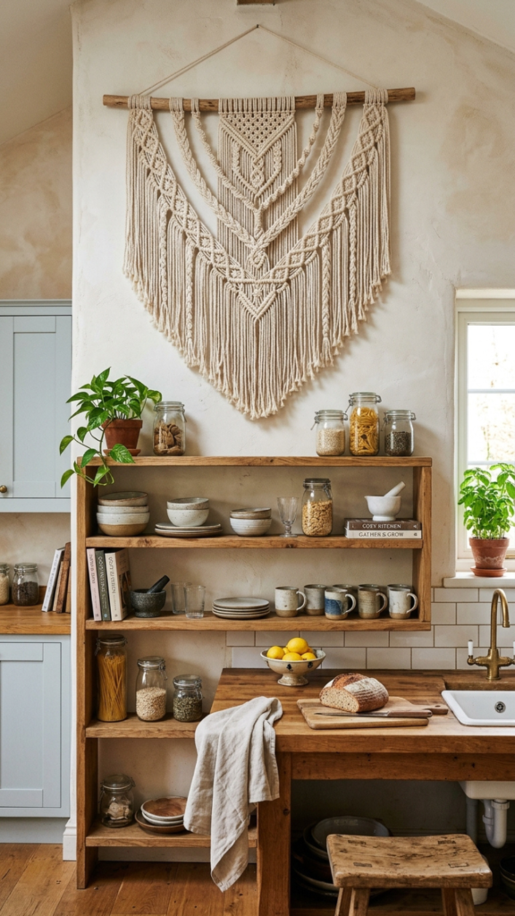 Macramé wall hanging as bohemian farmhouse kitchen wall decor