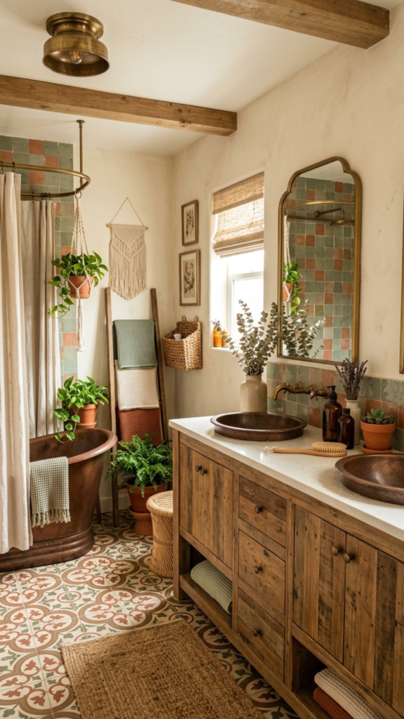 Earthy boho farmhouse bathroom color palette with terracotta and sage tones