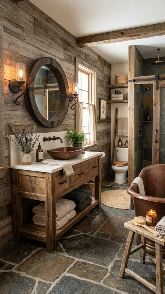 Floating rustic wood shelf vanity with vessel sink for small bathrooms