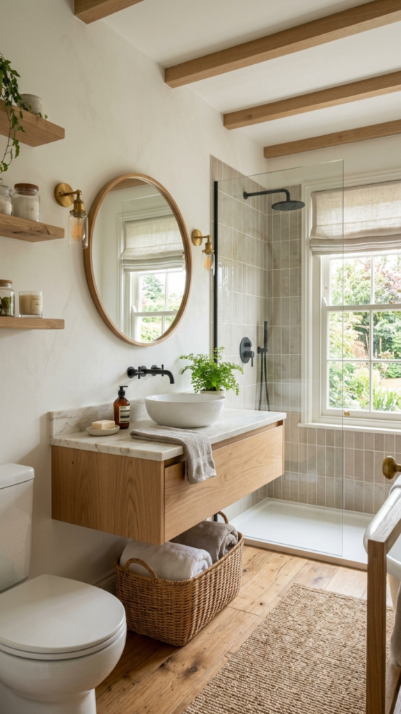 Warm neutral color palette for modern farmhouse small bathroom decor ideas