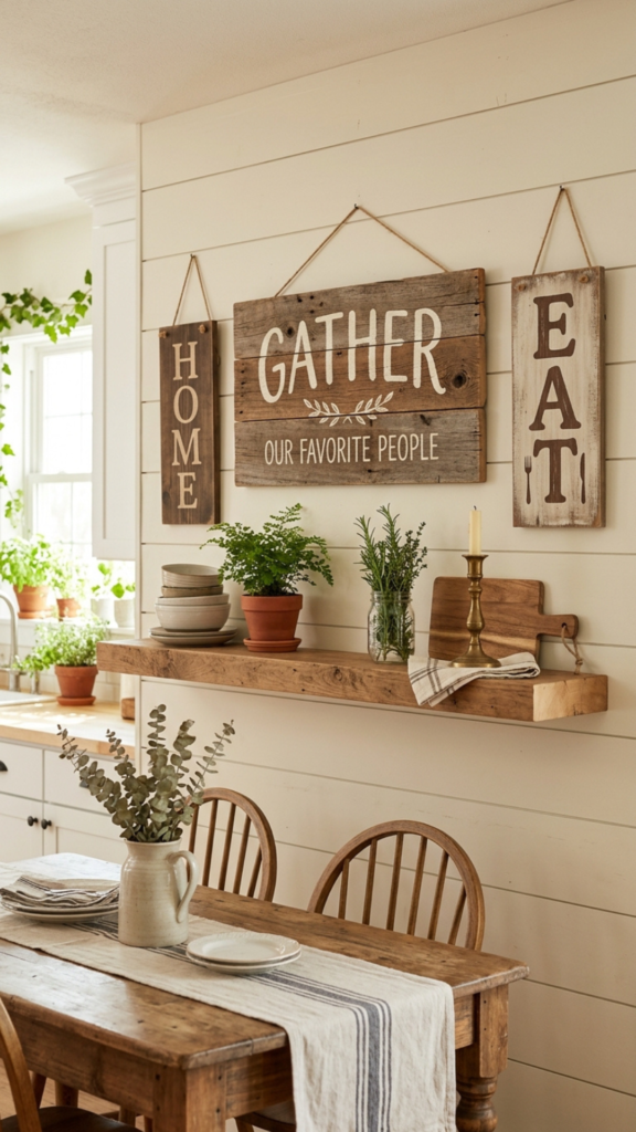 Rustic wood signs as farmhouse kitchen wall decor ideas.