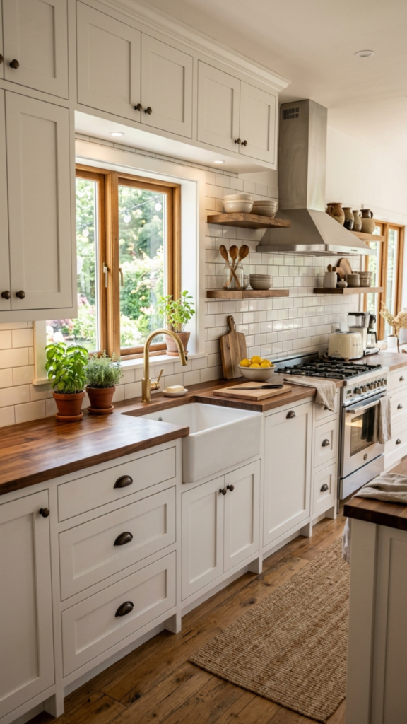 White shaker farmhouse kitchen cabinet ideas with butcher block countertops