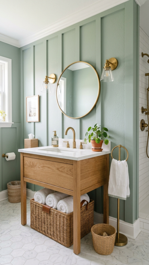 Board and batten farmhouse bathroom wall decor ideas in sage green.