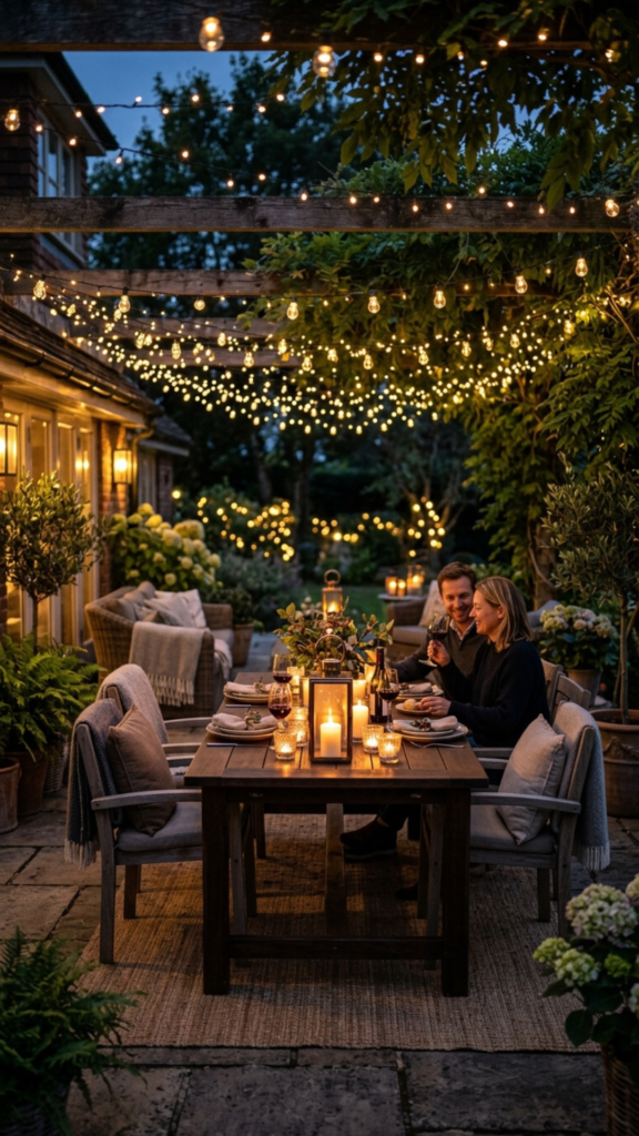 farmhouse outdoor decor string lights patio ideas