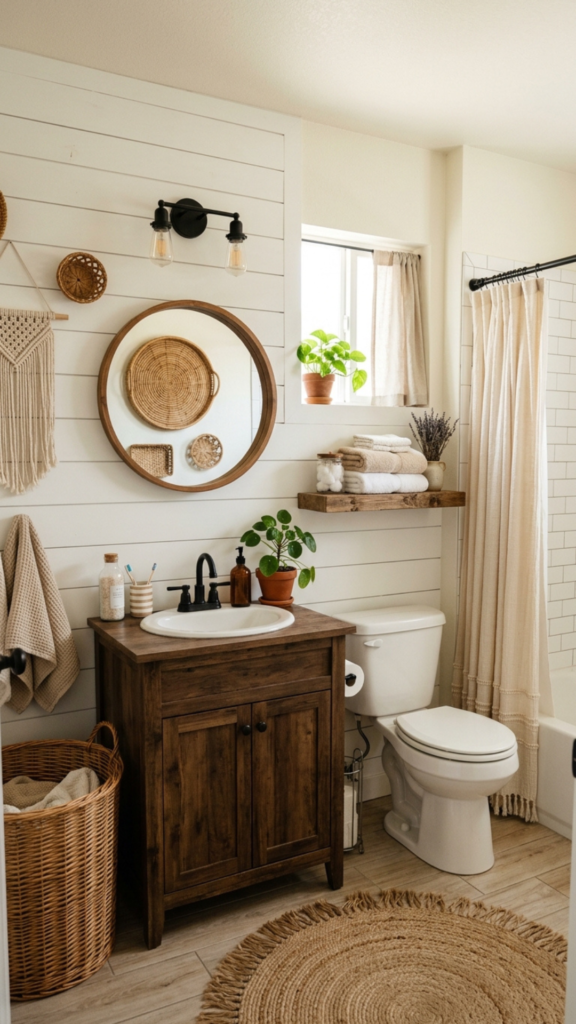 Boho farmhouse bathroom with shiplap accent wall and woven decor on a budget