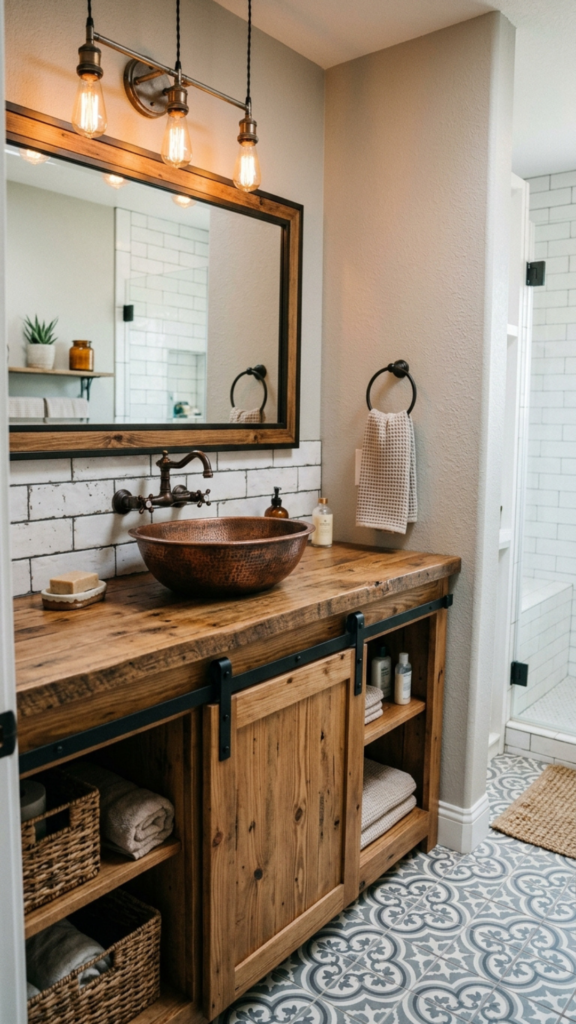 Rustic barn door bathroom vanity with hammered copper sink