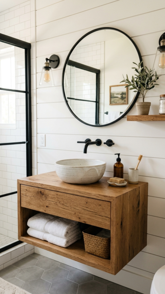 Floating wood vanity for modern farmhouse small bathroom decor