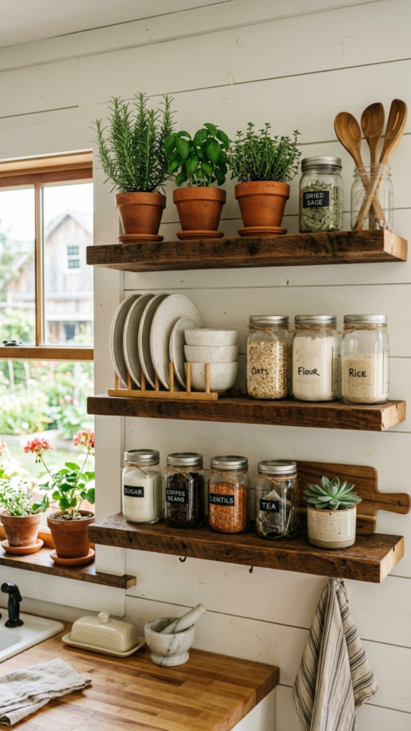 Open wooden floating shelves as functional farmhouse kitchen wall decor.