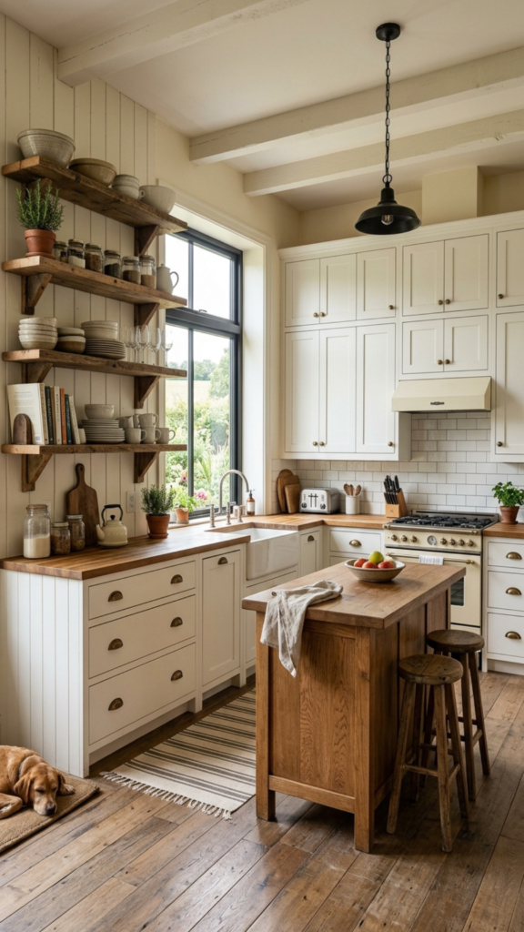 Farmhouse kitchen cabinet ideas with open shelving and closed white cabinets