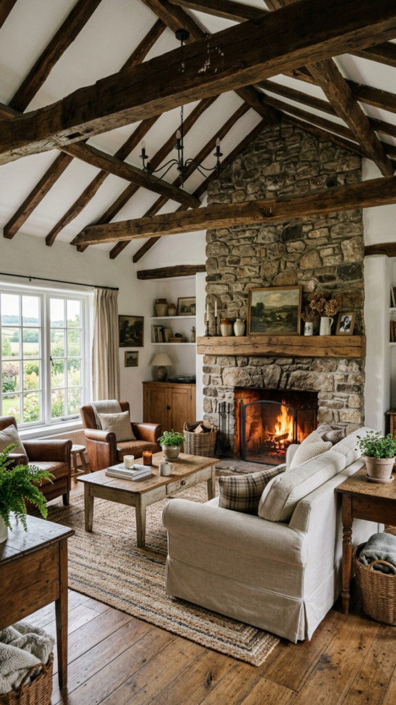 Farmhouse living room with wood beams and stone fireplace decor